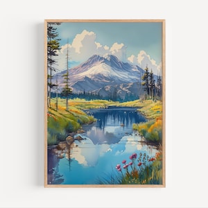 Mount Saint Helens Watercolor Painting, Washington State Volcano Mount St. Helens Poster Print or Canvas Travel, Lush Alpine Lake Wall Art