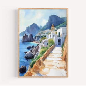 Capri Italy Watercolor Painting, Capri Sorrento Travel Poster or Canvas Print, Capri Island Wall Art Gift, Capri Poster, Tyrrhenian Sea Art