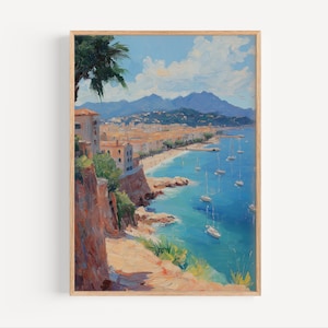 Pintura al óleo de la Riviera Francesa de Cannes, póster o impresión en lienzo de Cannes, decoración de pared de la Costa Azul, regalo de arte mural de Cannes, impresión de la playa de Cannes