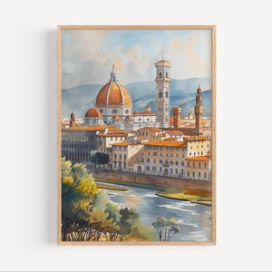 Florence kathedraal van Santa Maria Italië aquarel schilderij, Arno rivier poster print of canvas reizen kunstwerk, muur kunst cadeau olieverf stijl