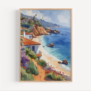 Malibu California Coastal Villas Watercolor Painting, Santa Monica Travel Poster Print or Canvas Wall Art Gift, LA USA Rugged Coast Souvenir