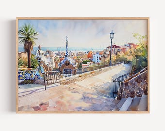 Barcelona Landscape Watercolor Painting Giclée Print, Barcelona Spain Poster or Canvas, Barcelona Cityscape Travel Wall Art Gift