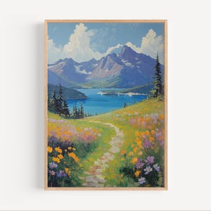 Alpine Lake Wildflowers Alaska Oil Painting, Alaskan Lake Travel Poster or Canvas Print, Alaska Wildflowers Oil Paint Style Alaska Nature