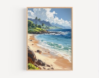 Maui Ölgemälde, Maui Poster oder Leinwanddruck, Maui Wandkunst, Maui Hawaii Strand Reisegeschenk, Hawaiianische Strandkunst, Maui Ölfarbenstil Druck