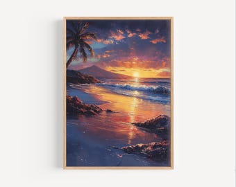 Maui Sonnenuntergang Ölgemälde, Maui Poster oder Leinwanddruck, Maui Wandkunst, Maui Hawaii Strand Reisegeschenk Hawaiianische Strandölfarbe Stil Kunstdruck