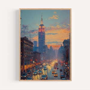 New York City Empire State Building Evening Oil Painting, NYC City Street Wall Art Poster Print or Canvas Cityscape Travel Decor Art Gift