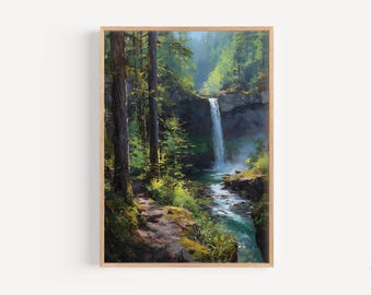 Può includere: Dipinto paesaggistico incorniciato raffigurante una cascata che si getta in un fiume, circondata da una lussureggiante foresta. L'opera presenta un sentiero che attraversa gli alberi, con la luce del sole che filtra attraverso il fogliame. La tavolozza dei colori comprende verdi, blu e marroni.