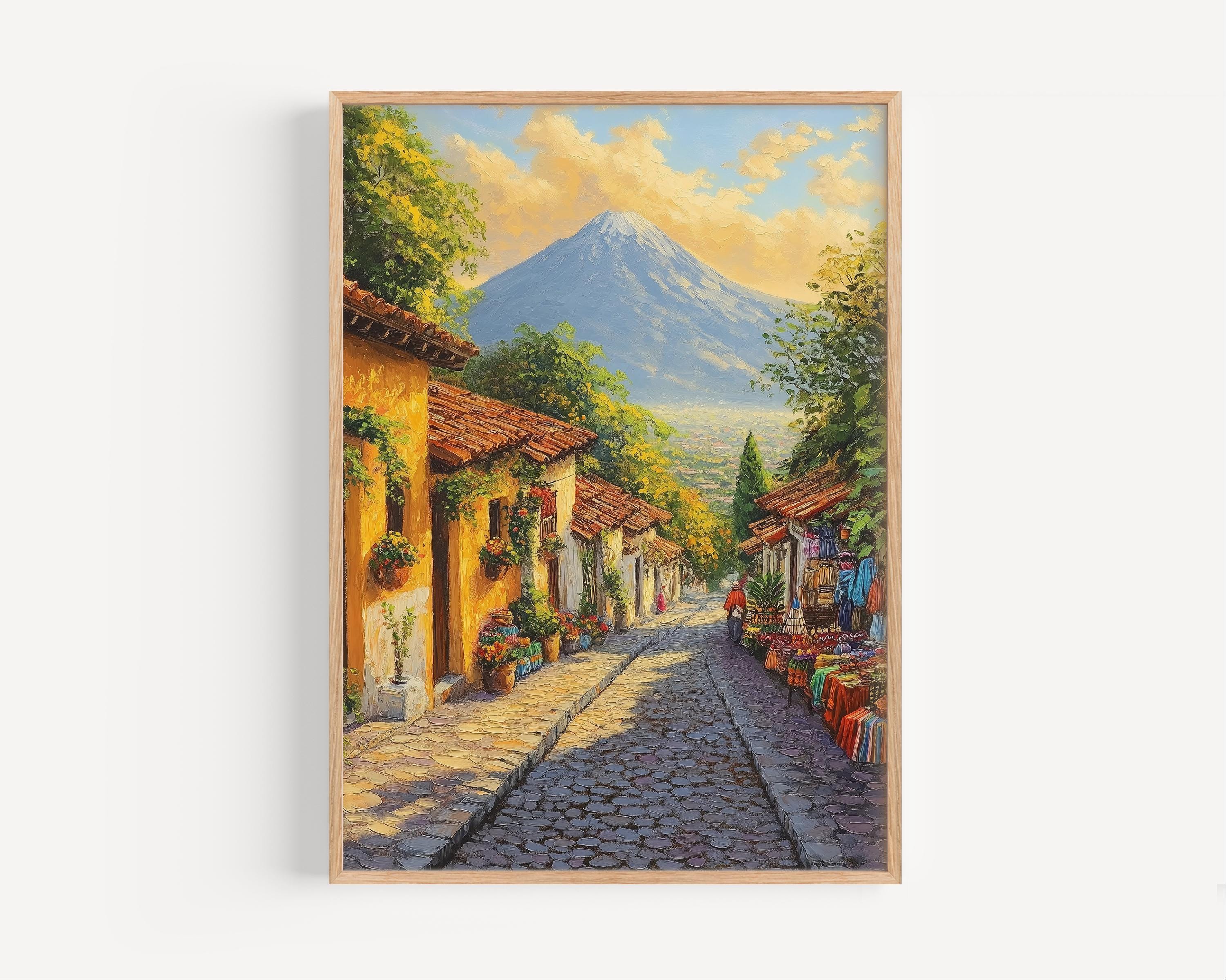 Guatemala Central America Oil Painting, Lush Mountain Volcano