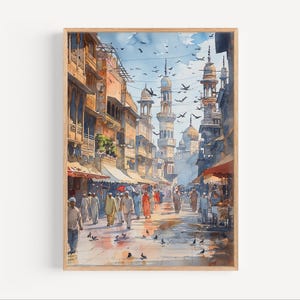 Pintura en acuarela de la Ciudad Vieja de Lahore, póster o lienzo de la Ciudad Amurallada de Lahore, regalo de arte mural de viaje, impresión de Lahore, Pakistán, arte del sur de Asia