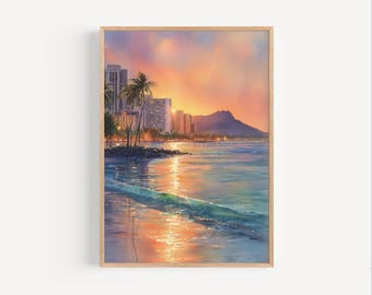 ワイキキビーチの水彩画：ホノルル・ハワイ・アート、ダイヤモンド