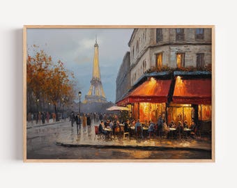 Cafe in Paris Abstract Landscape Oil Painting Print, Eiffel Tower
