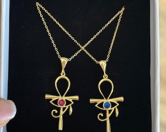 Vergulde sterlingzilveren ketting met ankh: hanger oog van Horus