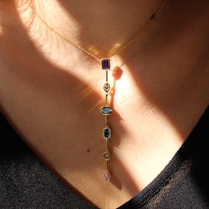 Lariat Necklace by ArgentaJewel in 925 Sterling Silver & 18K Gold Plated • Colorful Long Necklace • Colorful Stone Pendant • Gift for Her