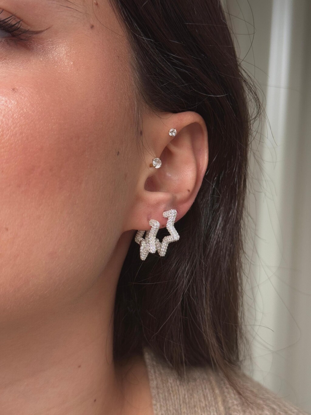 Orecchini A Cerchio In Argento 925 Con Ciondoli Stella E Croce – Bicolore Rodio E Oro 18K, 35 Mm, Eleganti E Ipoallergenici