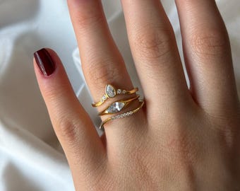 14K Gold Plated Diamond Stacking Ring Set • Minimalist Gold Rings • Bridal Shower Gift • Set of 3 Stacking Rings • Wedding Jewelry