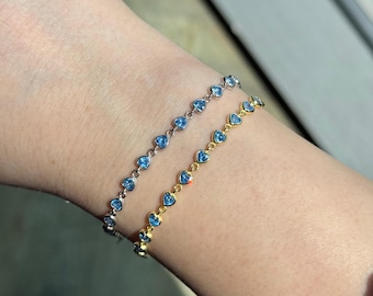 Heart Aquamarine Bracelet: 925 Sterling Silver, 18K Gold Plated