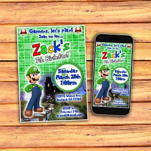 Luigi-Einladung, Luigi-Geburtstagseinladung, Videospiel-Einladung, Super Mario Bros-Karte, Super Smash Bros-Party, Mario Party-Thema einladen