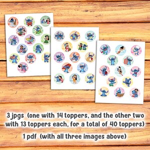 May include: Three sheets of circular stickers featuring the character Stitch from the Disney movie Lilo & Stitch. Each sticker showcases Stitch in various poses and scenes. The text at the bottom reads: "3 jpgs (one with 14 toppers, and the other two with 13 toppers each, for a total of 40 toppers) 1 pdf (with all three images above)"
