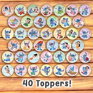 May include: A collection of 40 circular toppers featuring the character Stitch from the animated film Lilo & Stitch. Each topper showcases a different image of Stitch, with various backgrounds and poses. The text "40 Toppers!" is at the bottom.