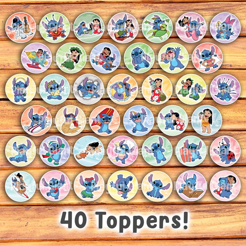 May include: A collection of 40 circular toppers featuring the character Stitch from the animated film Lilo & Stitch. Each topper showcases a different image of Stitch, with various backgrounds and poses. The text "40 Toppers!" is at the bottom.