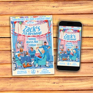 Può includere: Un invito di compleanno blu e rosa con un'immagine di cartoni animati di quattro supereroi. L'invito è per il 7° compleanno di Zack, domenica 29 marzo alle 13:00. L'invito include l'indirizzo 1234 E Walnut Ave, Burbank CA 91504 e una data di risposta del 14 febbraio.