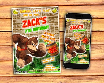 May include: A birthday invitation featuring Donkey Kong from the video game series. The invitation is for Zack's 7th birthday party, which will be held on Saturday, March 28th at 1:00 PM. The invitation has a jungle theme with green leaves and vines. The invitation is designed to look like a smartphone screen.