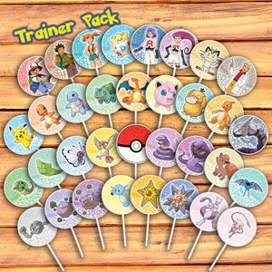 May include: A set of 24 round, colourful, printed, edible cake toppers featuring Pokemon characters. The toppers are on sticks and are arranged in a circle on a wooden surface. The text "Trainer Pack" is at the top of the image.