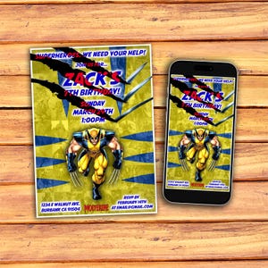 May include: A yellow and blue birthday invitation featuring Wolverine from the X-Men. The invitation is for Zack's 7th birthday party on Sunday, 29th March at 1:00 PM. The invitation includes the address 1234 E Walnut Ave, Burbank CA 91504 and an RSVP date of 14th February. The text "SUPERHEROES WE NEED YOUR HELP!" is at the top of the invitation.