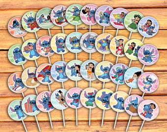 Adornos para cupcakes de Lilo y Stitch, adornos para cupcakes de Stitch, adornos para cumpleaños de dibujos animados de Lilo y Stitch, adornos para cupcakes de Disney, fiesta hawaiana