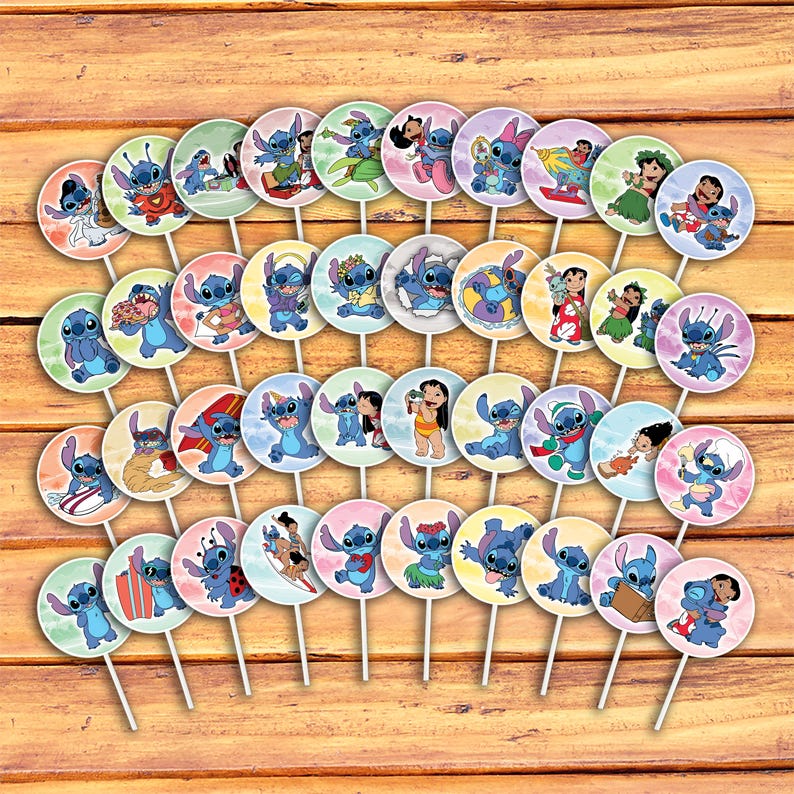 May include: A collection of round cupcake toppers featuring the character Stitch from the Disney movie Lilo & Stitch. Each topper has a different image of Stitch, with various backgrounds and poses. The toppers are on white sticks, ready for insertion into cupcakes.