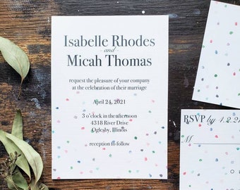 Confetti Polka Dots Wedding Invite SAMPLE - Watercolor Invitation Set, Printed Stationery Set