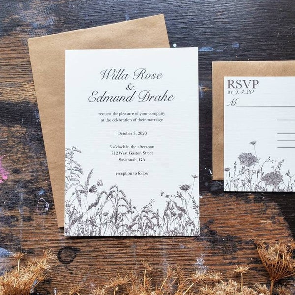Wildflower Wedding Invitation SAMPLE - Rustic Floral, Bees Butterflies, Printed Wedding Invites, Printed Stationery Set