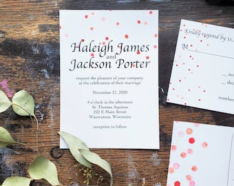 Printed Wedding Invitation Set - Watercolor Wedding Invites, Pink Polka Dots, Invite RSVP Post Card, Stationery Suite