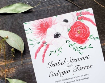 Anemone Bouquet Wedding Invitation SAMPLE - Floral Red White Green Printed Wedding Invites, Invite RSVP Post Card, Printed Stationery Set