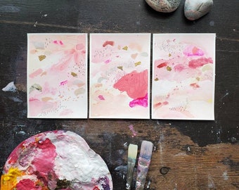 Hot Pink Abstract Painting - Original Artwork, Pink White Gold 5x7, Abstract Original Art, Gallery Wall, Set of Three