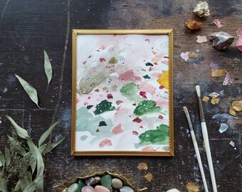 Pink Green Gold Metallic Abstract Painting in Brass Frame - Framed Paintings, 8x10 Instant Gallery Wall, Home Decor Art Collection
