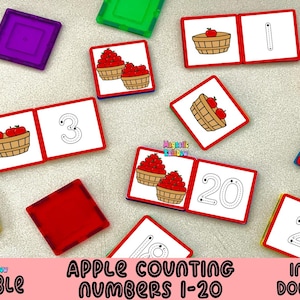 Op de afbeelding: Printbare appeltelkaarten voor kinderen. De kaarten bevatten rode appels in manden met de nummers 1-20. De kaarten zijn perfect om te leren tellen en om nummers te herkennen.