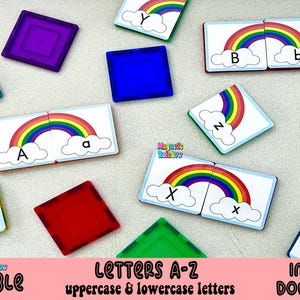 Può includere: Carte di apprendimento dell'alfabeto stampabili con lettere maiuscole e minuscole su sfondi arcobaleno. Ogni carta ha un arcobaleno con una lettera su una nuvola. Le carte sono progettate per aiutare i bambini ad imparare l'alfabeto.
