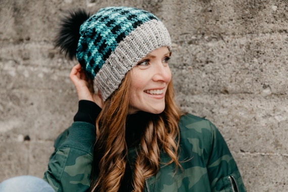 Teal BUFFALO PLAID CROCHET Hat/slouchy 