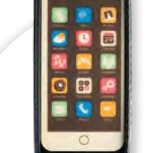 May include: A smartphone in a black case with a white screen. The screen shows a grid of colourful app icons on a brown background. The phone has a rounded bottom edge and a camera at the top.