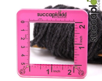 Silmuccaruutu -Knitting Gauge Checker, pink knitting tool with two scales, precise square made out of recycled plastic