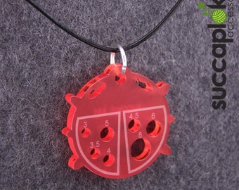 PIRKKO - Knitters pendant EUR/mm, Red ladybug pendant with mm-scale knitting needle gauge, made out of recycled plastic