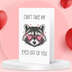 Bonita tarjeta de San Valentín, divertida tarjeta de San Valentín con mapache, tarjeta de amor retro, tarjeta de aniversario para novio, novia, pareja, esposa o esposo