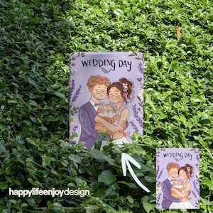 Puede incluir: Tarjeta rectangular con el texto "WEDDING DAY". La ilustraci&oacute;n muestra a una pareja de novios abrazando a un gato. El hombre lleva un traje morado y la mujer un vestido blanco. Elementos florales rodean a la pareja en la ilustraci&oacute;n.