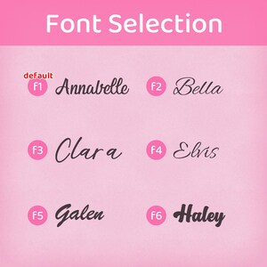 Puede incluir: Un gr&aacute;fico rosa con el texto "Font Selection" en la parte superior. Debajo, seis opciones de fuente: Annabelle, Bella, Clara, Elvis, Galen y Haley. Cada fuente se muestra en un estilo diferente, con un n&uacute;mero F correspondiente.