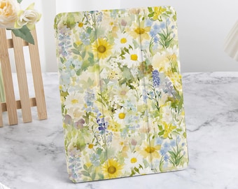 Yellow Floral Watercolor iPad Case with Pencil Holder For 2024 New Air 4/5/6 iPad Pro 11 12.9 13 iPad 2022 2021 2024 iPad 10/9/8 iPad mini 6