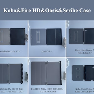 Puede incluir: Imagen de fundas de tablet abiertas, mostrando sus interiores y mecanismos de soporte. Las fundas est&aacute;n dise&ntilde;adas para modelos Kobo, Fire HD, Oasis y Scribe. El texto en la imagen especifica la compatibilidad con dispositivos Kindle Scribe, Oasis y Kobo Libra.