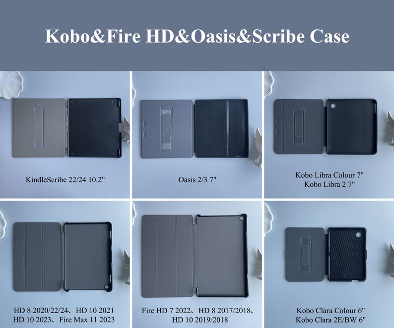 Puede incluir: Imagen de fundas de tablet abiertas, mostrando sus interiores y mecanismos de soporte. Las fundas est&aacute;n dise&ntilde;adas para modelos Kobo, Fire HD, Oasis y Scribe. El texto en la imagen especifica la compatibilidad con dispositivos Kindle Scribe, Oasis y Kobo Libra.