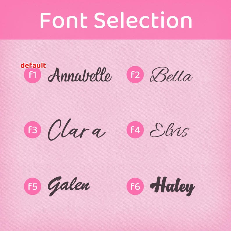 Może przedstawiać: R&oacute;żowy grafika z tekstem "Font Selection" na g&oacute;rze. Poniżej znajduje się sześć opcji czcionek: Annabelle, Bella, Clara, Elvis, Galen i Haley. Każda czcionka jest wyświetlana w innym stylu z odpowiednim numerem F.