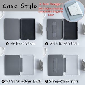 Puede incluir: Imagen que muestra varios dise&ntilde;os de fundas para tabletas. Las fundas son grises y negras, con opciones que incluyen correas de mano y respaldos transparentes. El texto incluye "Case Style" y "5 New Design!! 360 Degree Rotating Detachable Magnetic Case."